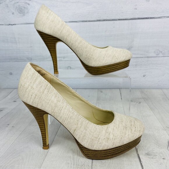 Kenneth Cole Reaction HIDDEN FILE Beige Platform Stacked High Heel Shoes Sz 7 M - Picture 5 of 14